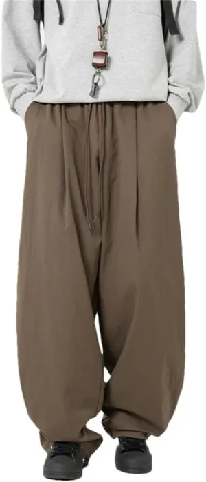 Men's Wide-Leg Retro Casual Pants with Embroidery and Drawstring Waist High Street Fashion Trousers