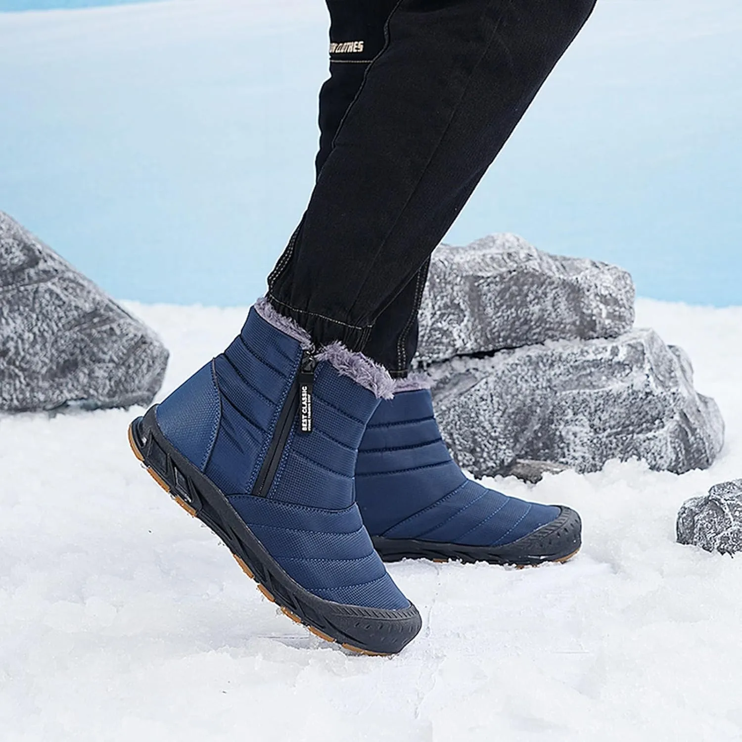 Mens Winter Warm Snow Boots Fur Lined Anti-Slip Waterproof Winter Shoes Retro Anti-Collision Round Toe Zipper Closure Slip on Outdoor Boot