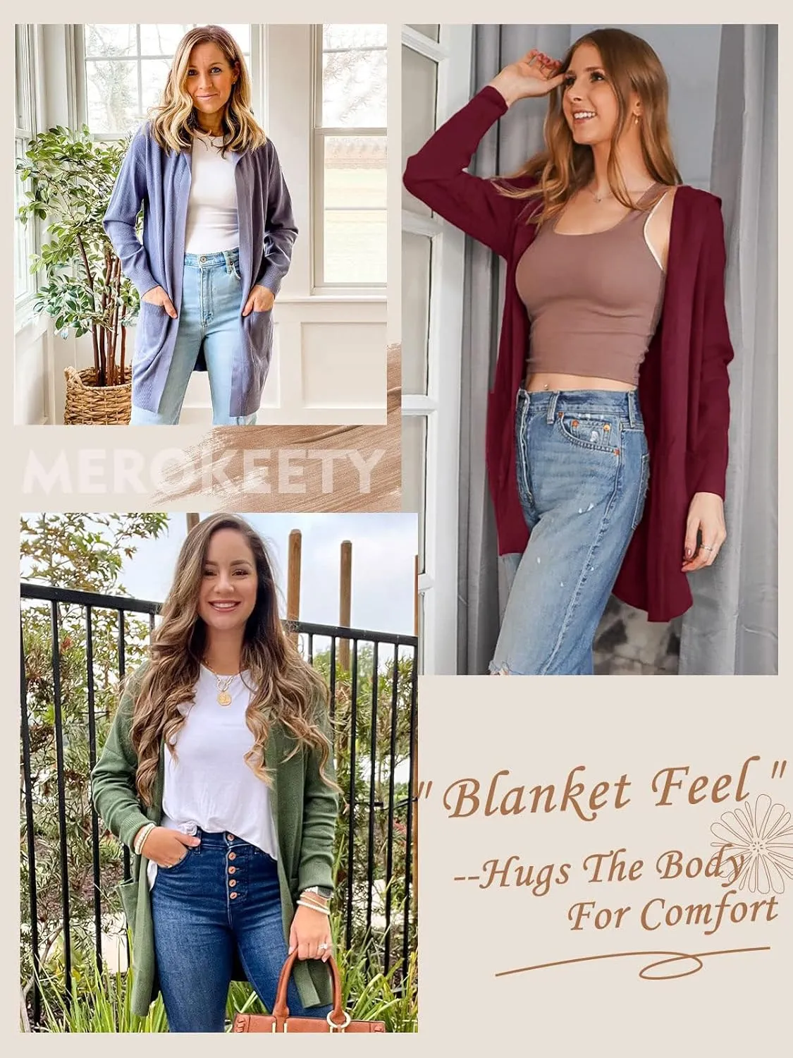 MEROKEETY Women's 2024 Long Sleeve Open Front Hoodie Knit Sweater Cardigan Outwear