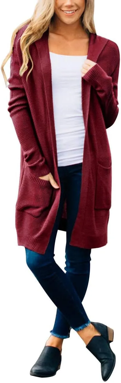 MEROKEETY Women's 2024 Long Sleeve Open Front Hoodie Knit Sweater Cardigan Outwear