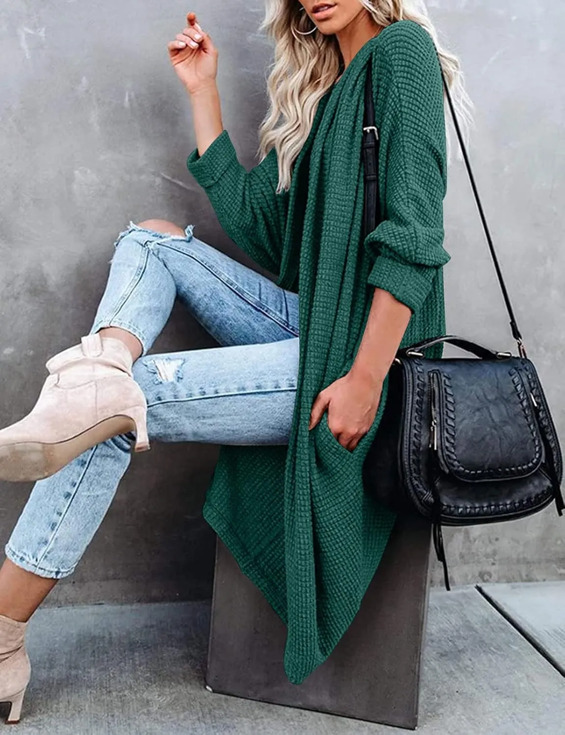 MEROKEETY Women's 2025 Fall Waffle Knit Batwing Long Sleeve Cardigan Loose Open Front Sweater Coat