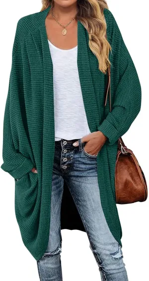 MEROKEETY Women's 2025 Fall Waffle Knit Batwing Long Sleeve Cardigan Loose Open Front Sweater Coat