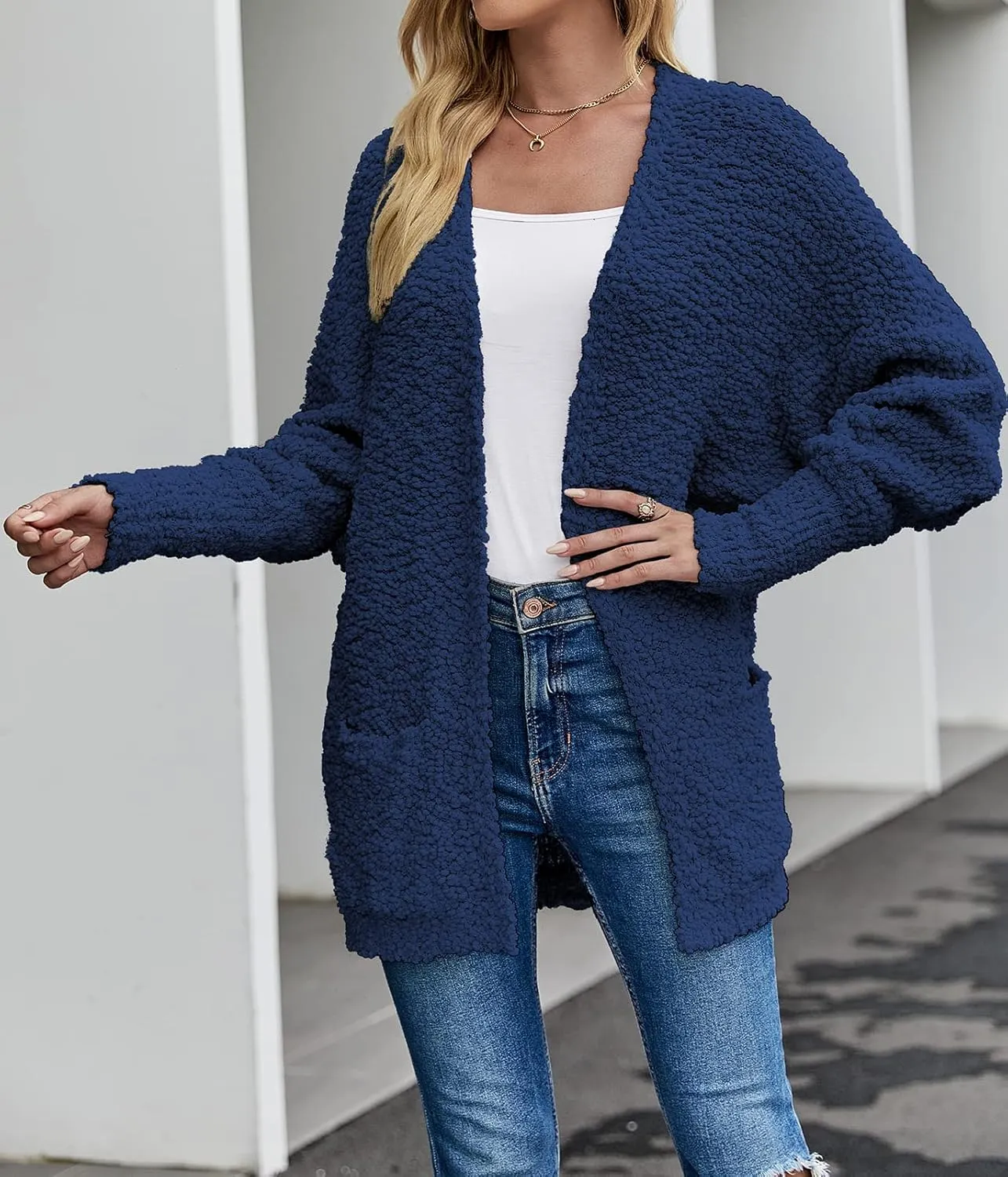 MEROKEETY Women's 2025 Winter Fuzzy Popcorn Batwing Sleeve Cardigan Knit Oversized Sherpa Sweater Coat