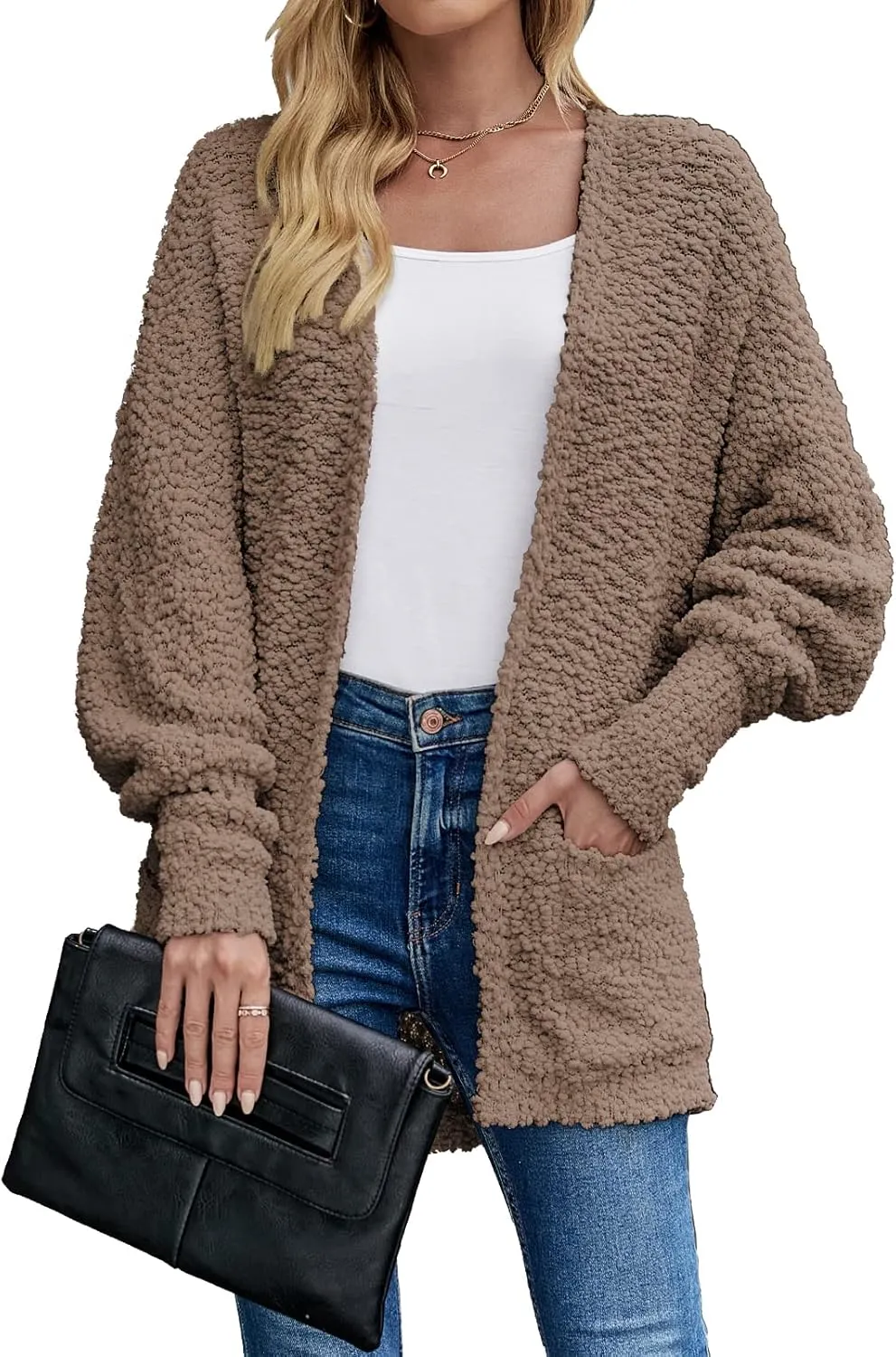 MEROKEETY Women's 2025 Winter Fuzzy Popcorn Batwing Sleeve Cardigan Knit Oversized Sherpa Sweater Coat
