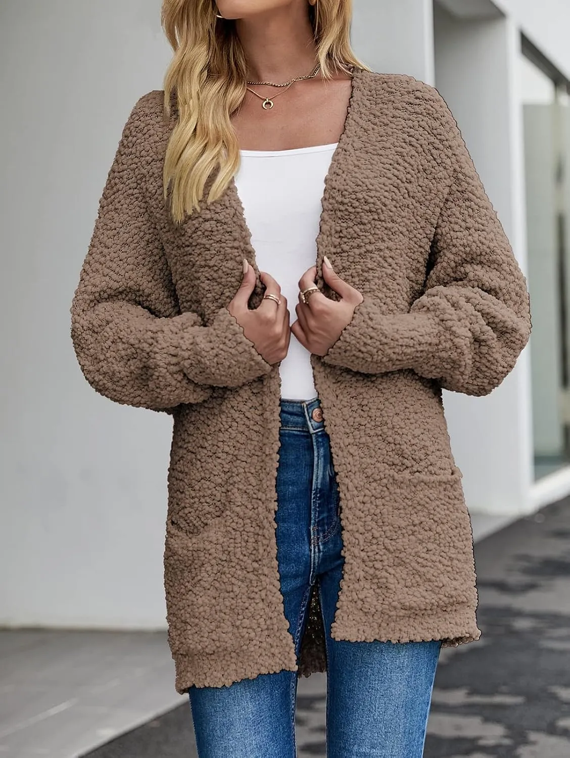 MEROKEETY Women's 2025 Winter Fuzzy Popcorn Batwing Sleeve Cardigan Knit Oversized Sherpa Sweater Coat