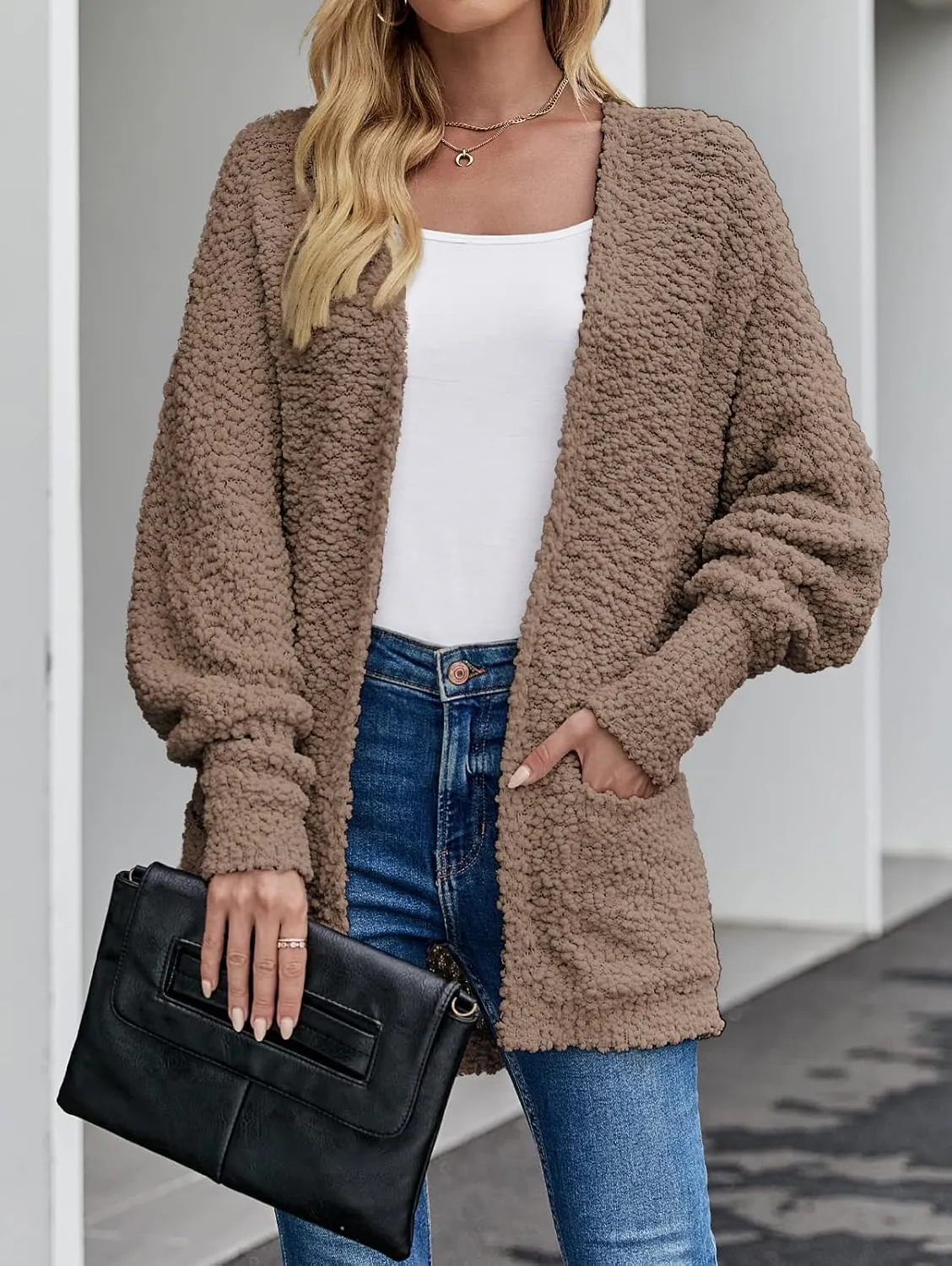 MEROKEETY Women's 2025 Winter Fuzzy Popcorn Batwing Sleeve Cardigan Knit Oversized Sherpa Sweater Coat
