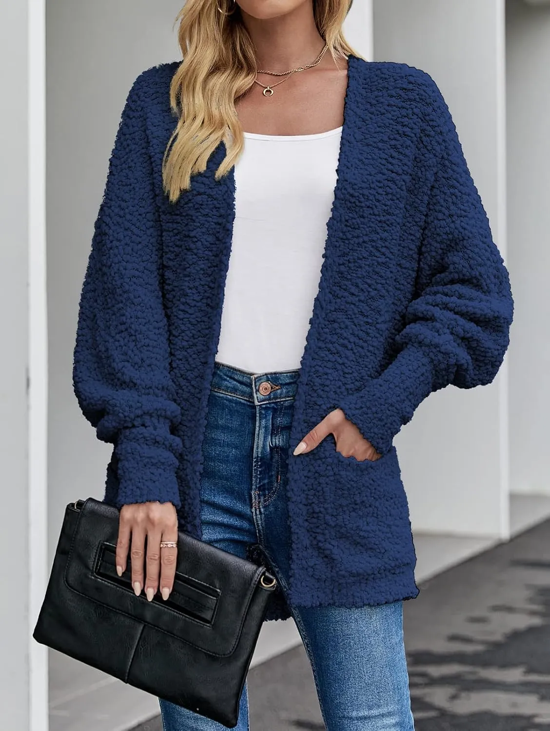 MEROKEETY Women's 2025 Winter Fuzzy Popcorn Batwing Sleeve Cardigan Knit Oversized Sherpa Sweater Coat