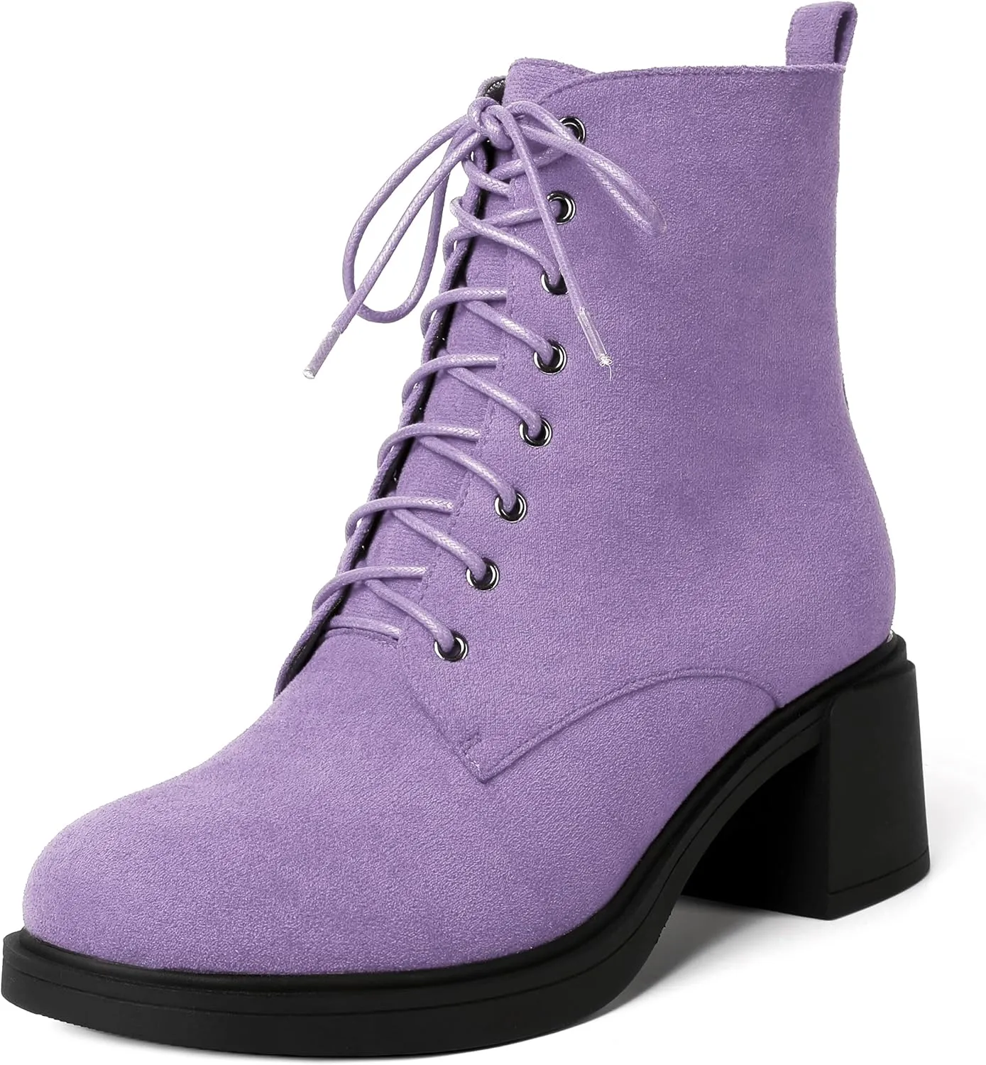 MERRORI Womens Combat Booties Casual Lace Up Solid Round Toe Suede Block Mid Heel Ankle High Boots 2.5 Inch