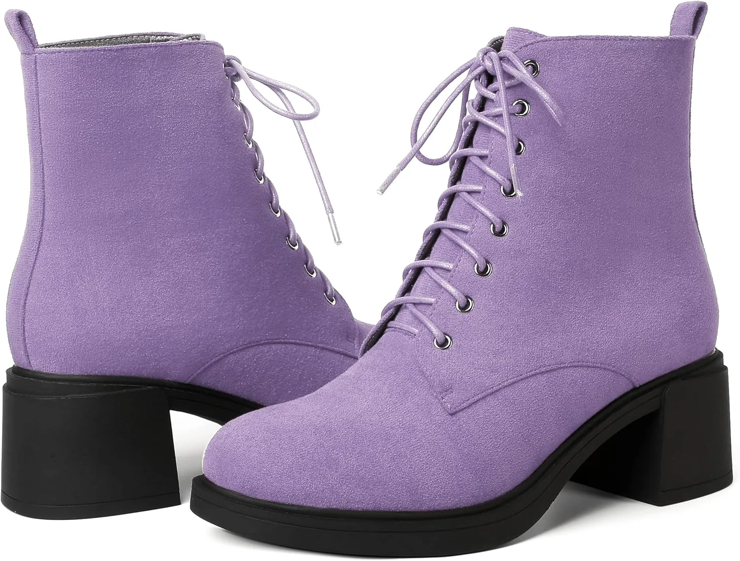 MERRORI Womens Combat Booties Casual Lace Up Solid Round Toe Suede Block Mid Heel Ankle High Boots 2.5 Inch