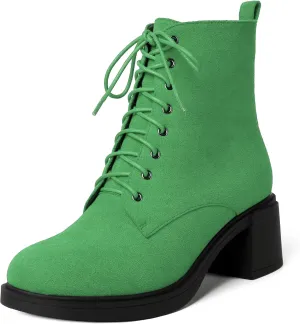 MERRORI Womens Combat Booties Casual Lace Up Solid Round Toe Suede Block Mid Heel Ankle High Boots 2.5 Inch