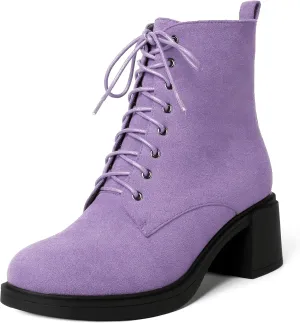MERRORI Womens Combat Booties Casual Lace Up Solid Round Toe Suede Block Mid Heel Ankle High Boots 2.5 Inch