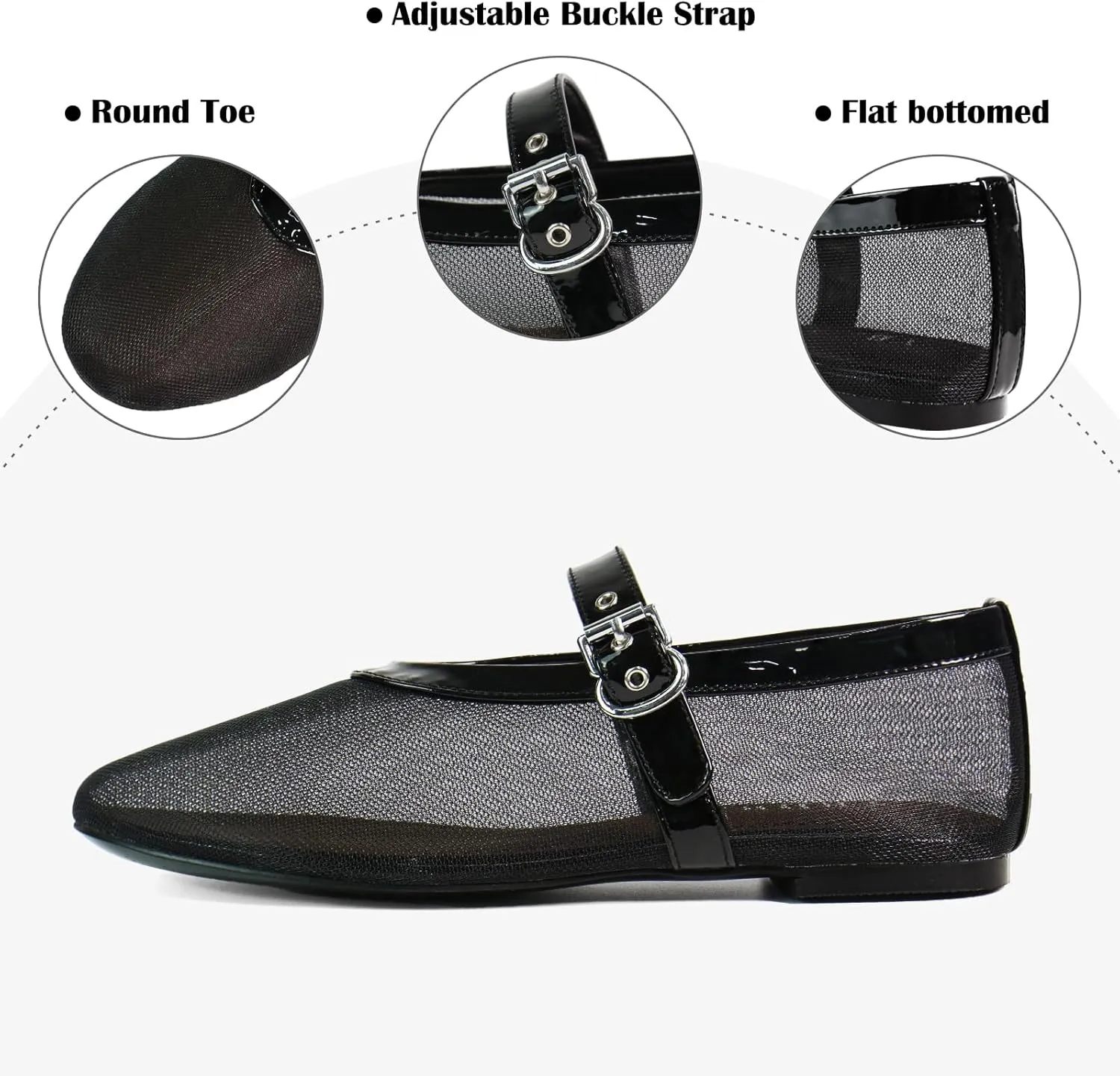 Mesh Ballet Flats for Women Round Toe Buckle Strap Comfy Casua Office Ballerina Mary Jane Flats Shoes