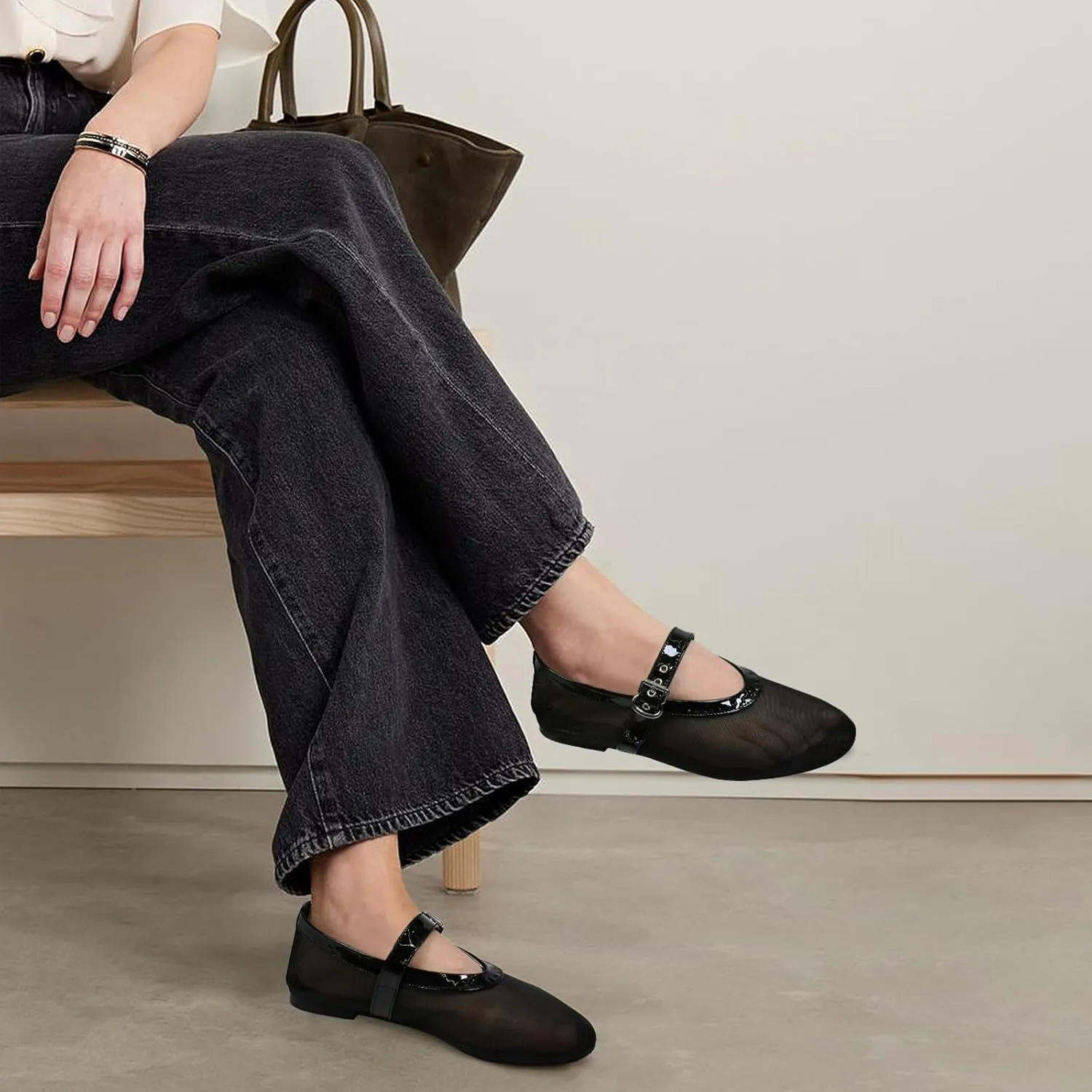Mesh Ballet Flats for Women Round Toe Buckle Strap Comfy Casua Office Ballerina Mary Jane Flats Shoes