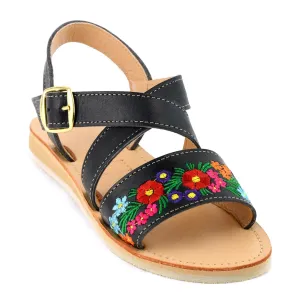 Mexican Leather Sandals with Embroidered Flowers for Women - Model 805 (9, Black)