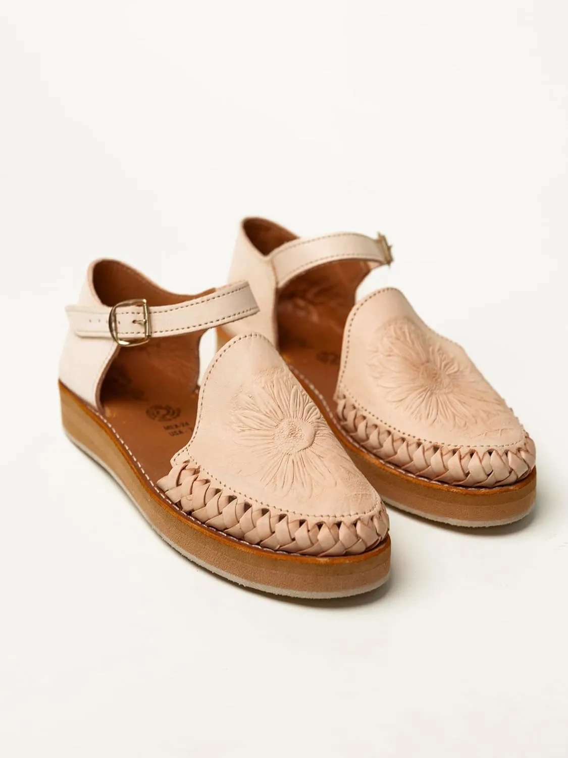 Mexico en la Piel Handcrafted Leather Huarache Sandals for Women - Closed Toe with Sunflower Cutout Design, Adjustable Ankle Strap, Natural Color, 1-inch EVA Sole, Comfortable and Durable
