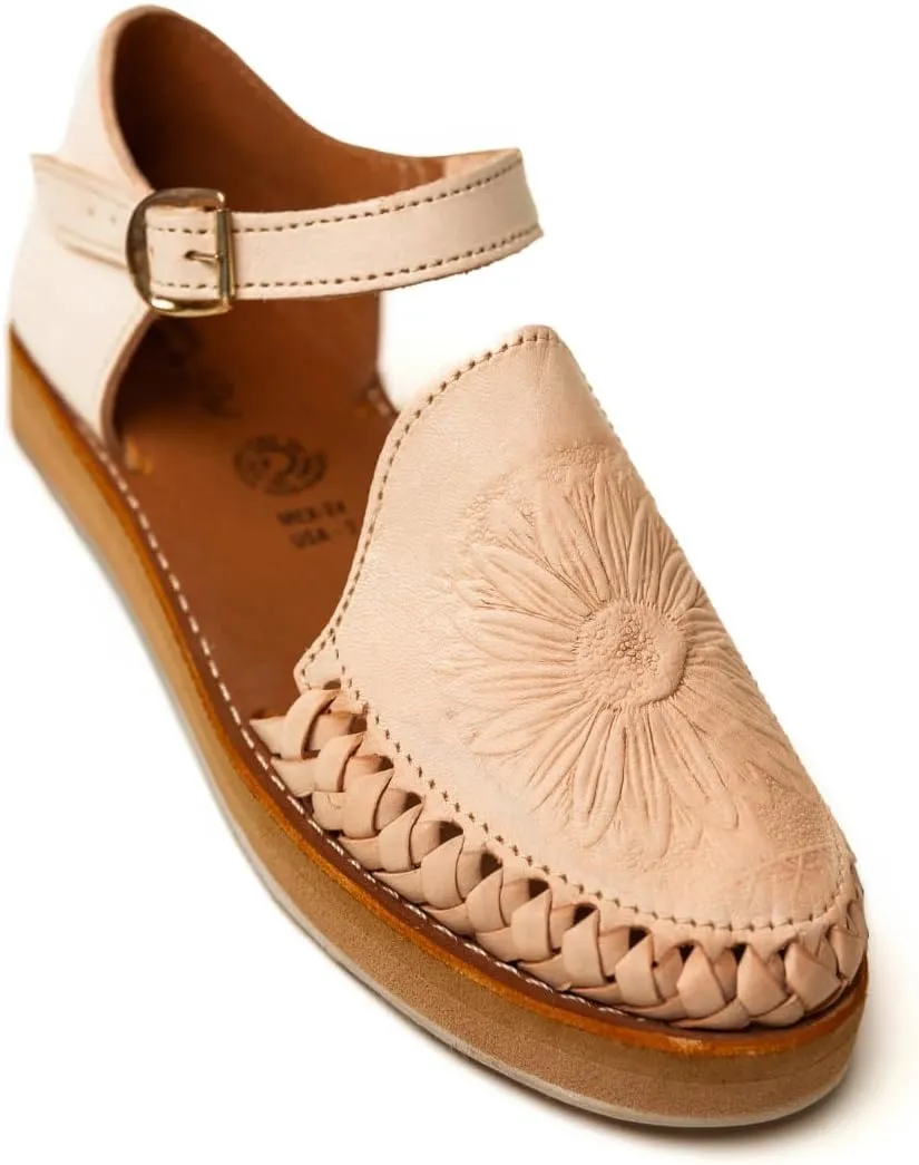 Mexico en la Piel Handcrafted Leather Huarache Sandals for Women - Closed Toe with Sunflower Cutout Design, Adjustable Ankle Strap, Natural Color, 1-inch EVA Sole, Comfortable and Durable
