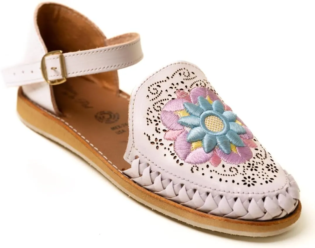Mexico en la Piel Handcrafted White Leather Flat Sandals for Women - Closed Heel with Floral Embroidery, Adjustable Ankle Buckle, Water-Resistant, Comfortable, Durable
