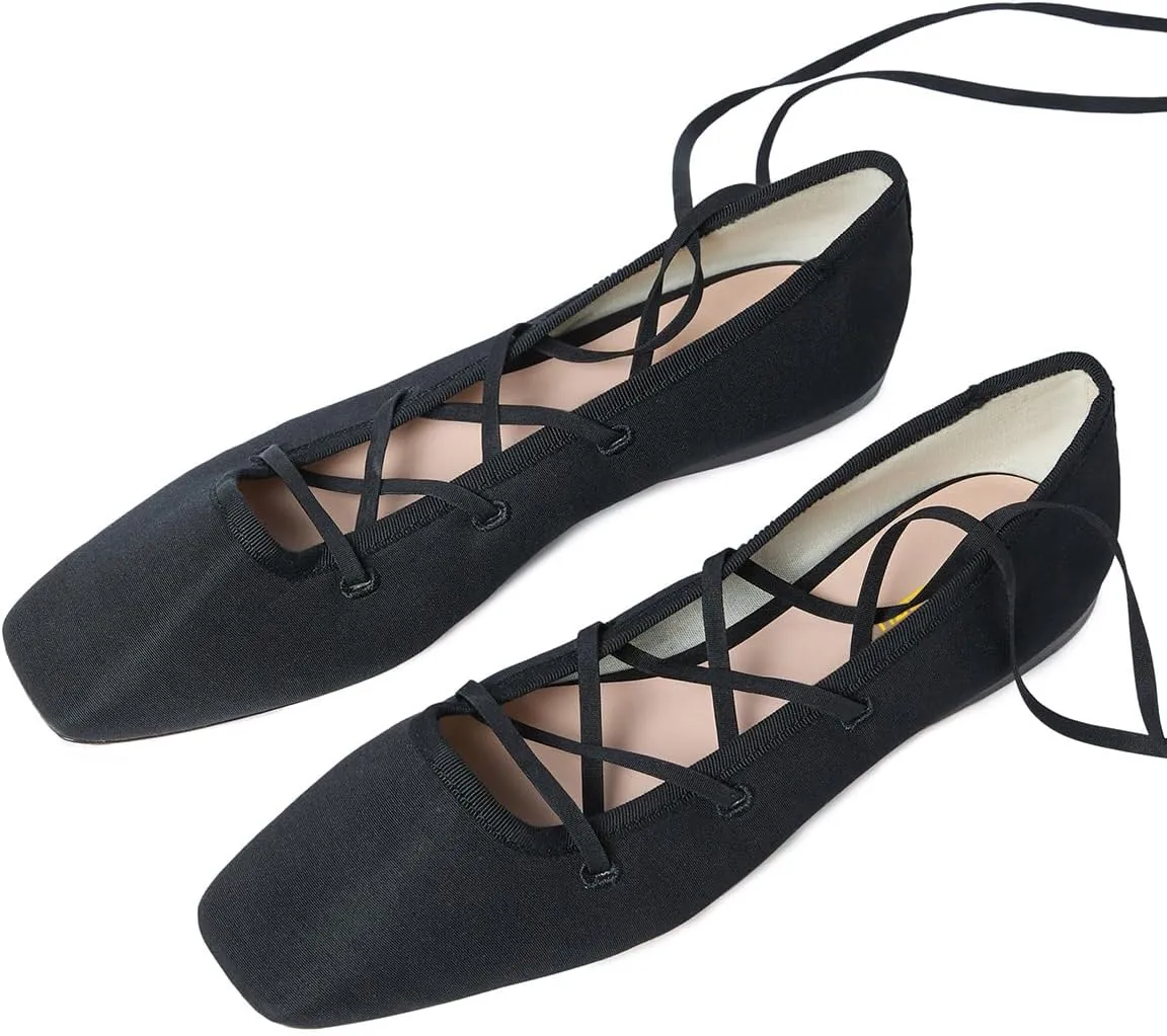 Milooey shoes Women's Square Toe Strappy Ballet Flats Comfort Lace Up Flats Shoes for Party Prom Dress Daily Size 4-16 US