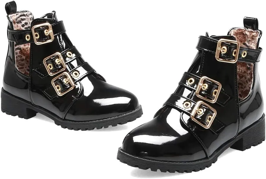MIOKE Women's Flat Dressy Ankle Booties Fashion Round Toe Buckle Strappy Zipper Low Heel Combat Short Boots