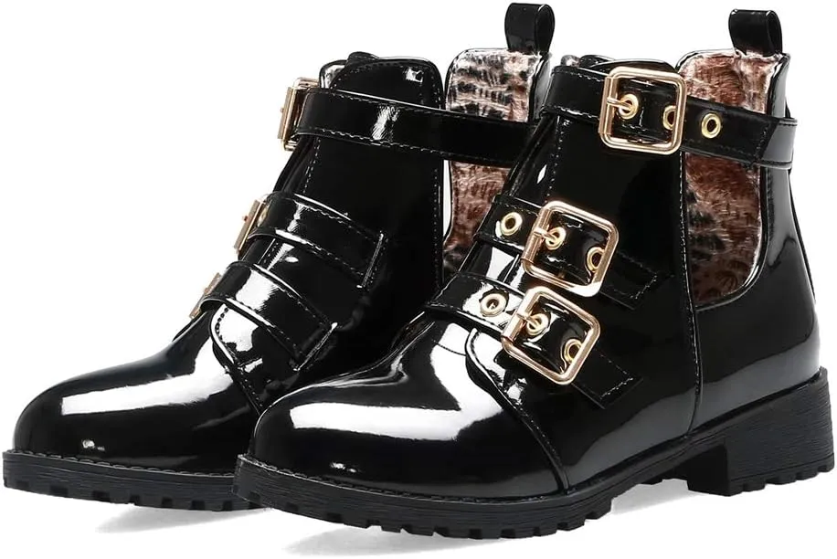 MIOKE Women's Flat Dressy Ankle Booties Fashion Round Toe Buckle Strappy Zipper Low Heel Combat Short Boots