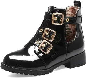 MIOKE Women's Flat Dressy Ankle Booties Fashion Round Toe Buckle Strappy Zipper Low Heel Combat Short Boots