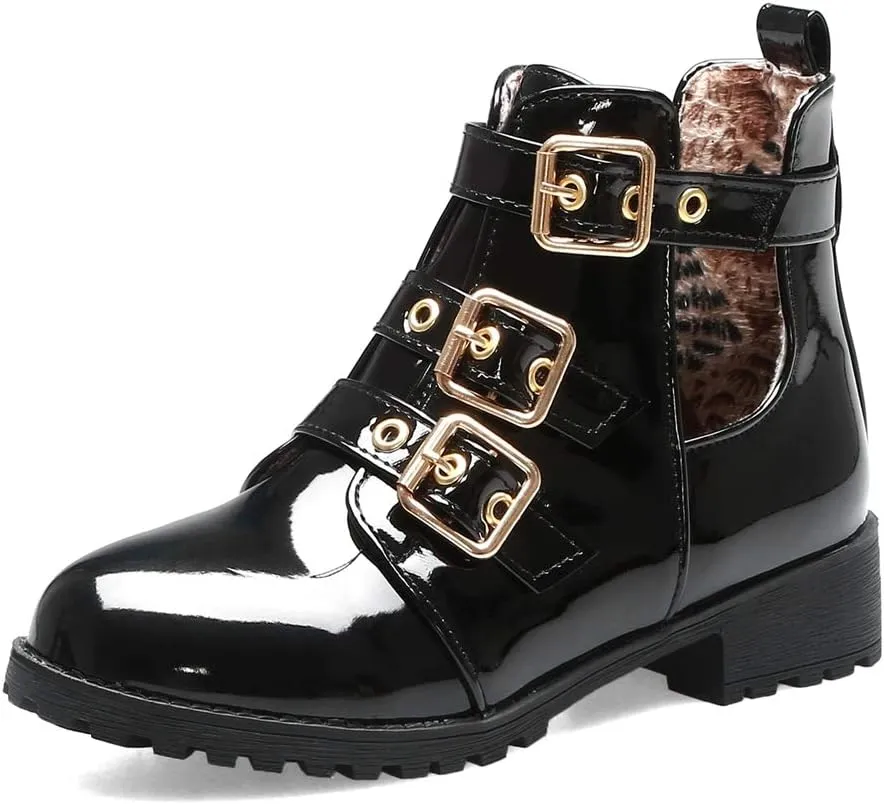 MIOKE Women's Flat Dressy Ankle Booties Fashion Round Toe Buckle Strappy Zipper Low Heel Combat Short Boots