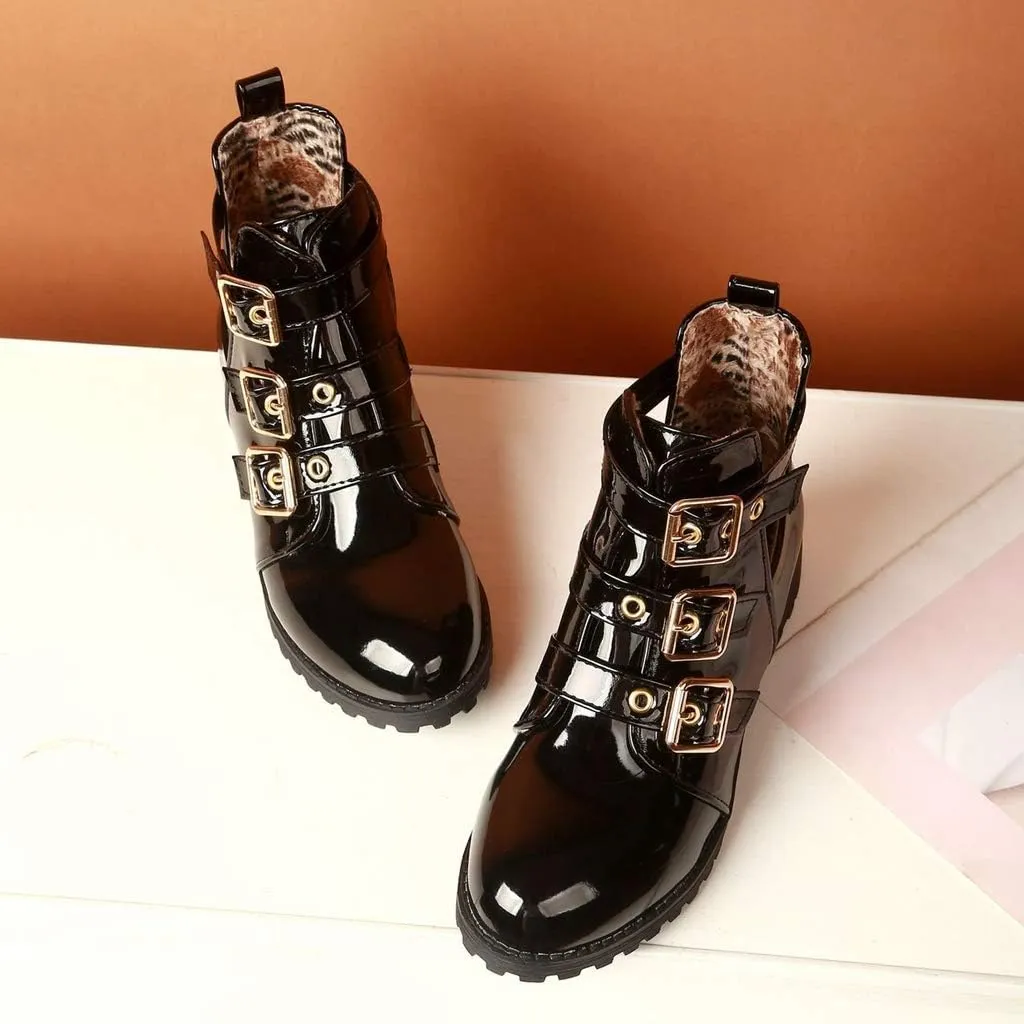 MIOKE Women's Flat Dressy Ankle Booties Fashion Round Toe Buckle Strappy Zipper Low Heel Combat Short Boots