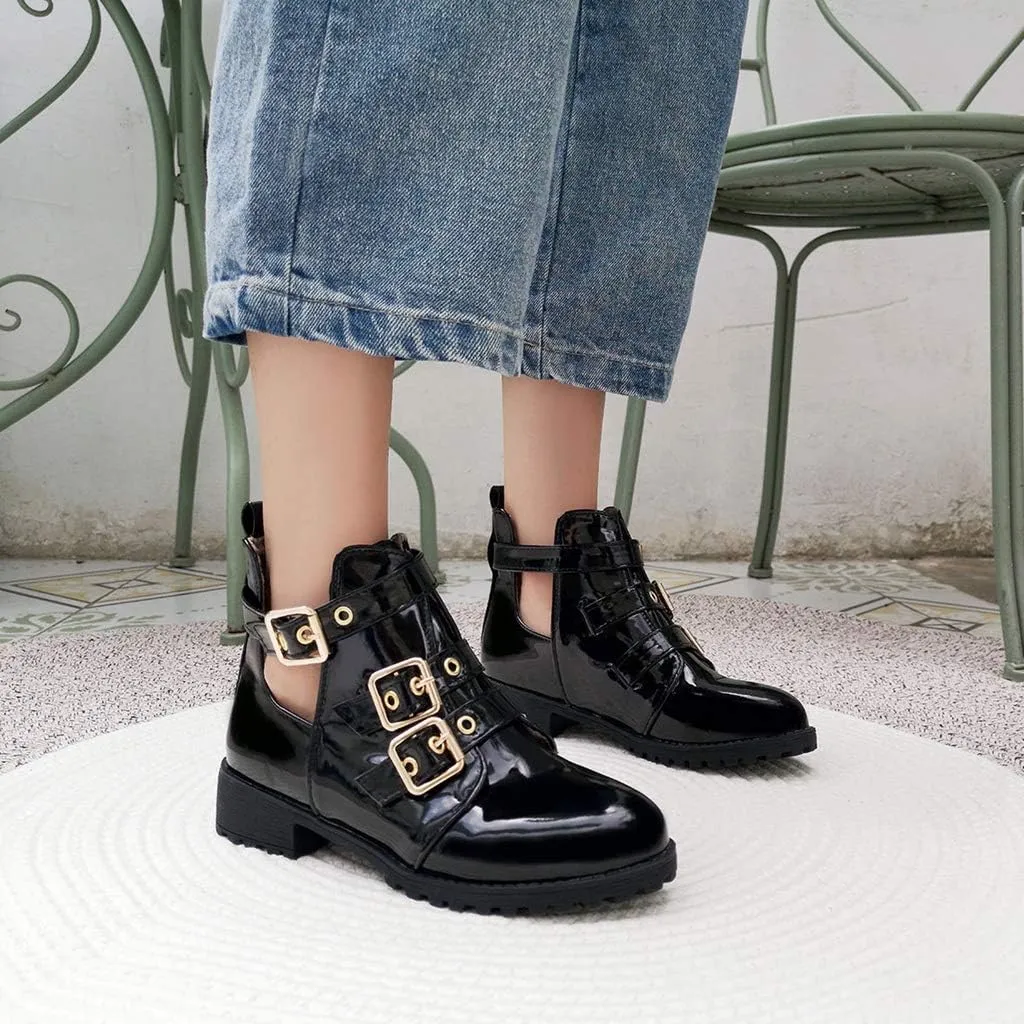 MIOKE Women's Flat Dressy Ankle Booties Fashion Round Toe Buckle Strappy Zipper Low Heel Combat Short Boots