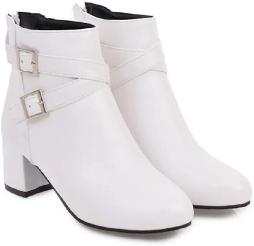 MIOKE Women's Round Toe Dressy Ankle Boots Trendy Buckle Zipper Chunky Mid Heel Chelsea Dressy Short Booties