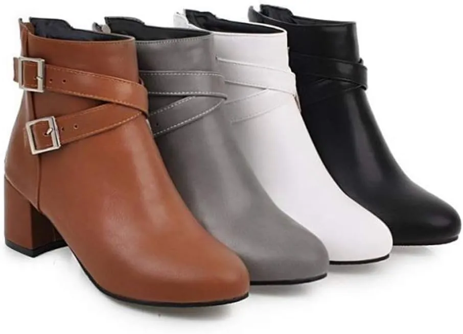 MIOKE Women's Round Toe Dressy Ankle Boots Trendy Buckle Zipper Chunky Mid Heel Chelsea Dressy Short Booties