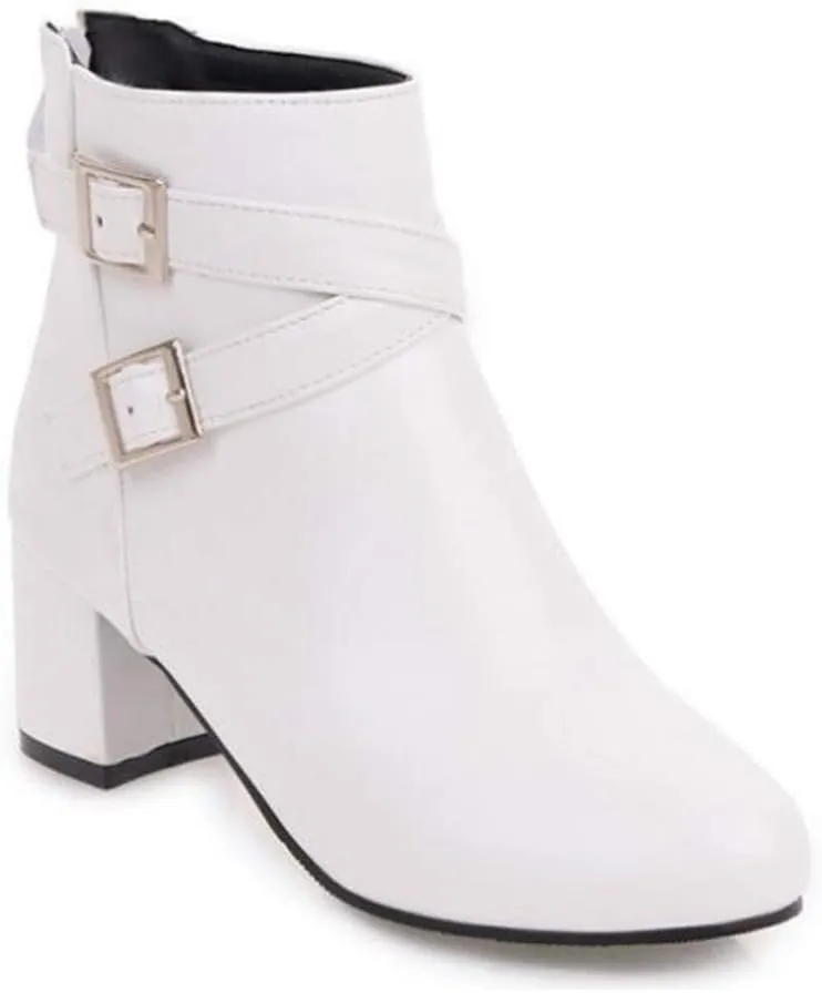 MIOKE Women's Round Toe Dressy Ankle Boots Trendy Buckle Zipper Chunky Mid Heel Chelsea Dressy Short Booties