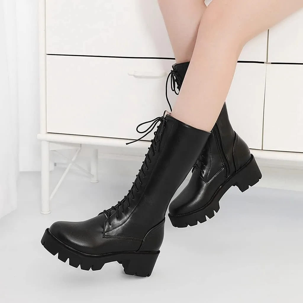 MIOKE Women's Round Toe Lace Up Dressy Boots Mid Wide Calf Platform Chunky Mid Heel Western Riding Boots