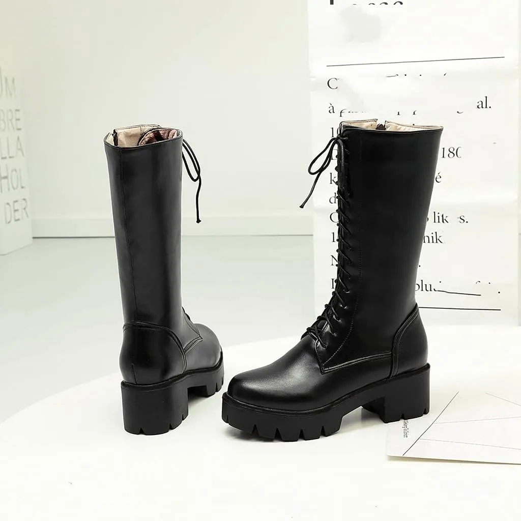 MIOKE Women's Round Toe Lace Up Dressy Boots Mid Wide Calf Platform Chunky Mid Heel Western Riding Boots