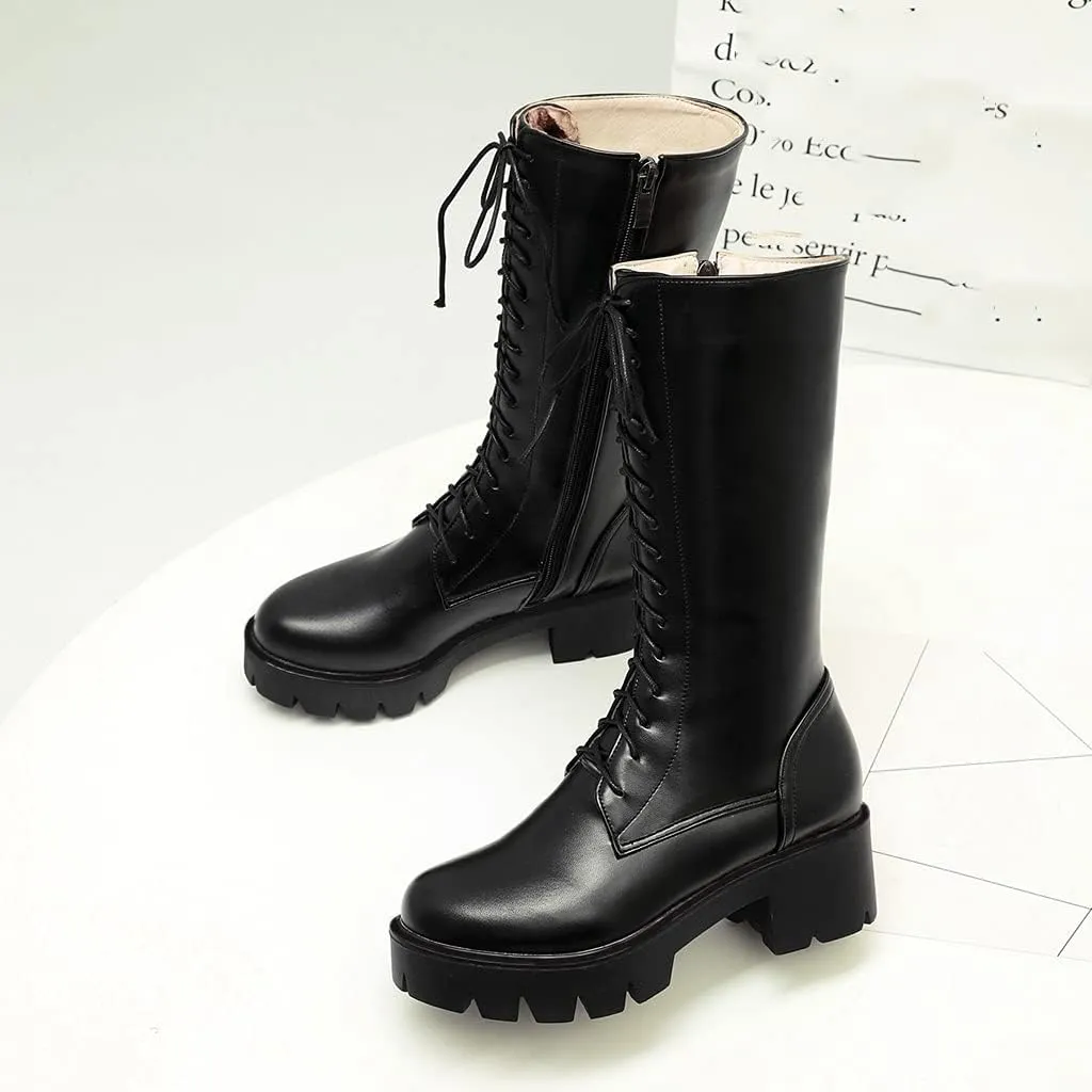 MIOKE Women's Round Toe Lace Up Dressy Boots Mid Wide Calf Platform Chunky Mid Heel Western Riding Boots