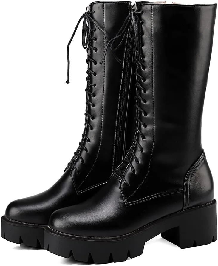 MIOKE Women's Round Toe Lace Up Dressy Boots Mid Wide Calf Platform Chunky Mid Heel Western Riding Boots