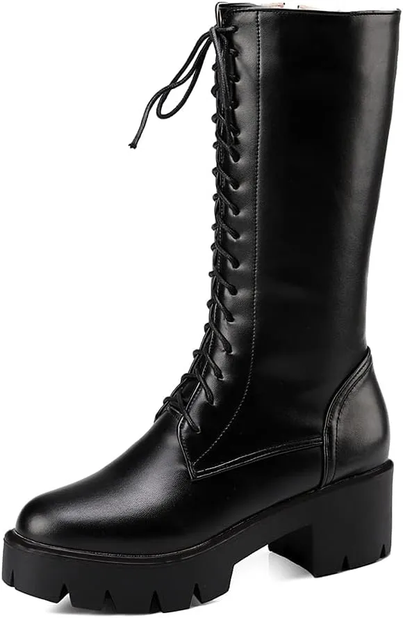 MIOKE Women's Round Toe Lace Up Dressy Boots Mid Wide Calf Platform Chunky Mid Heel Western Riding Boots