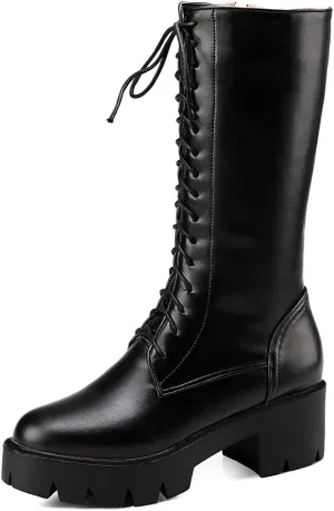 MIOKE Women's Round Toe Lace Up Dressy Boots Mid Wide Calf Platform Chunky Mid Heel Western Riding Boots