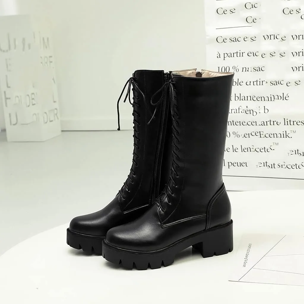 MIOKE Women's Round Toe Lace Up Dressy Boots Mid Wide Calf Platform Chunky Mid Heel Western Riding Boots