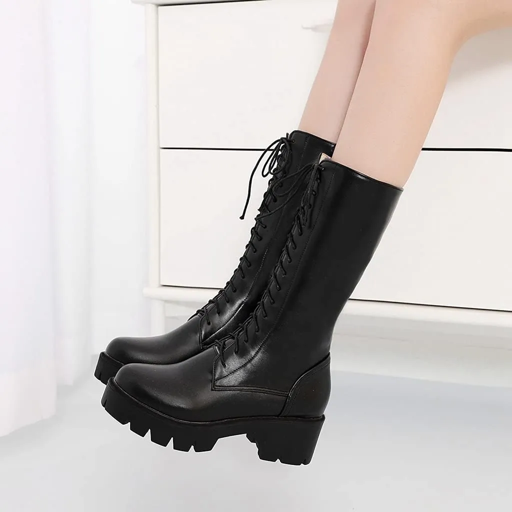 MIOKE Women's Round Toe Lace Up Dressy Boots Mid Wide Calf Platform Chunky Mid Heel Western Riding Boots
