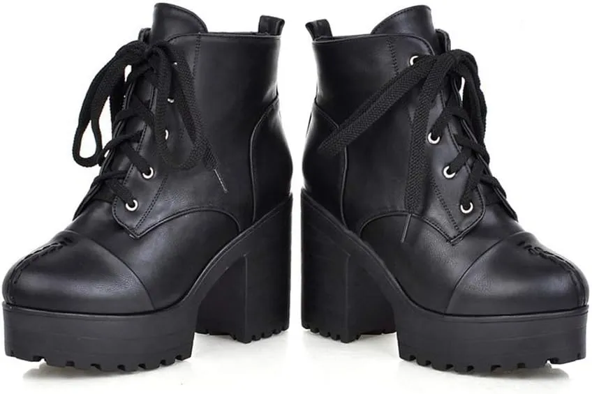 MIOKE Women's Round Toe Platform Dressy Ankle Boots Lace Up Chunky Block High Heel Winter Dress Short Bootie