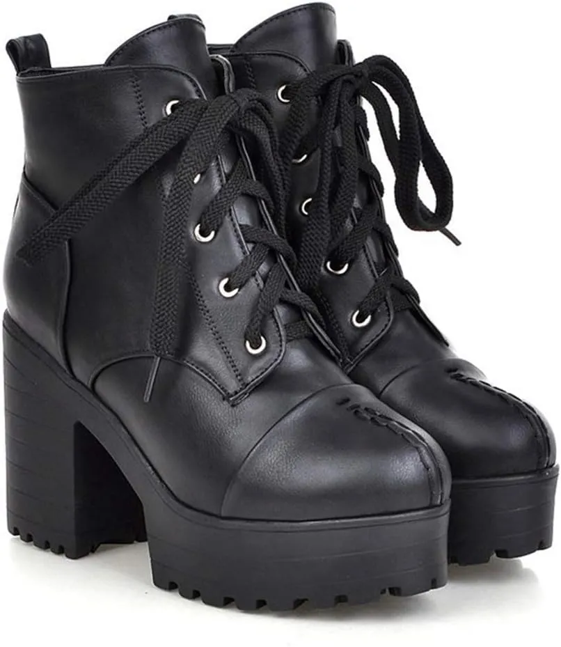 MIOKE Women's Round Toe Platform Dressy Ankle Boots Lace Up Chunky Block High Heel Winter Dress Short Bootie
