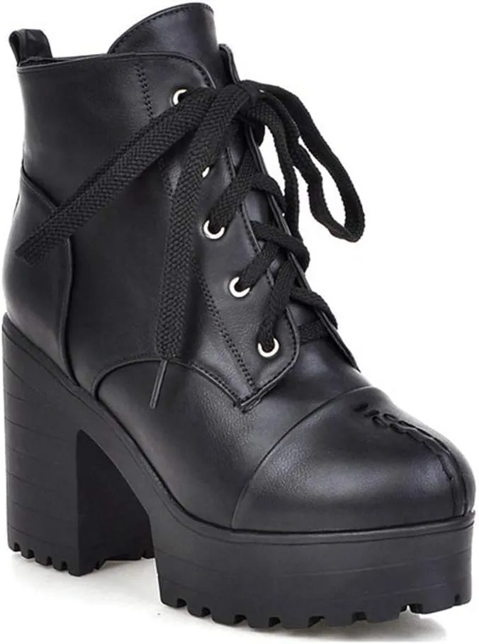 MIOKE Women's Round Toe Platform Dressy Ankle Boots Lace Up Chunky Block High Heel Winter Dress Short Bootie
