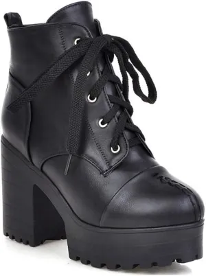 MIOKE Women's Round Toe Platform Dressy Ankle Boots Lace Up Chunky Block High Heel Winter Dress Short Bootie