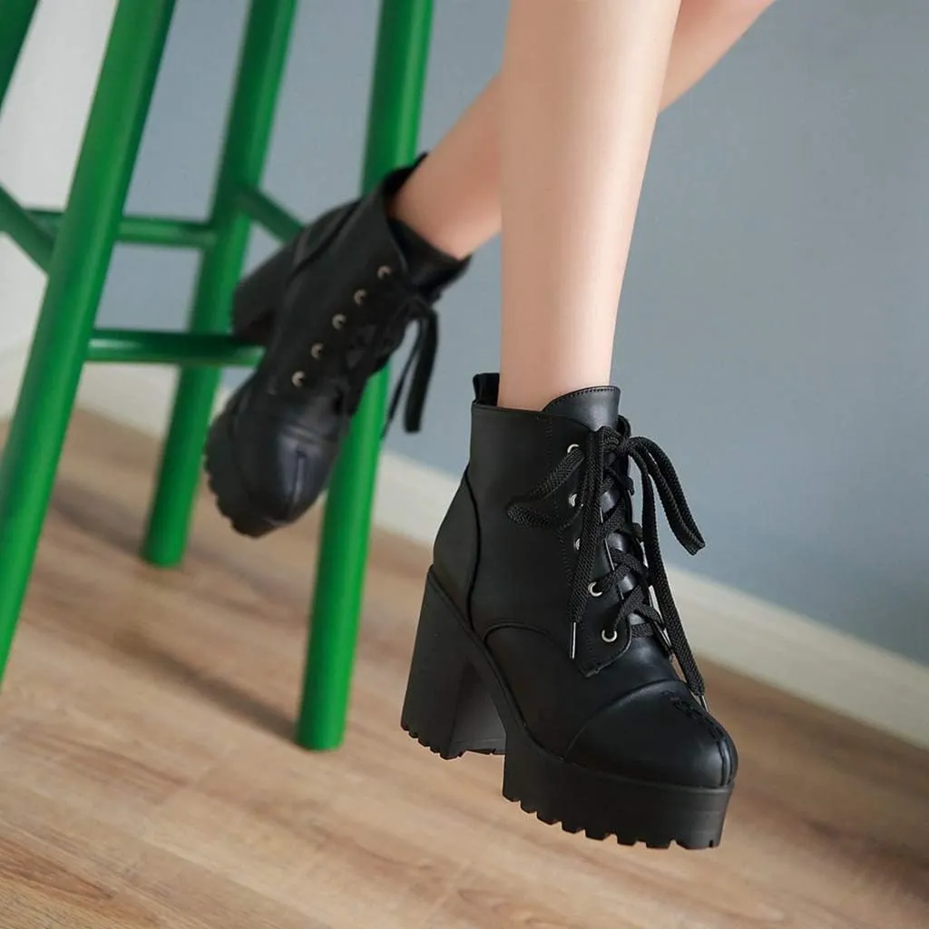 MIOKE Women's Round Toe Platform Dressy Ankle Boots Lace Up Chunky Block High Heel Winter Dress Short Bootie