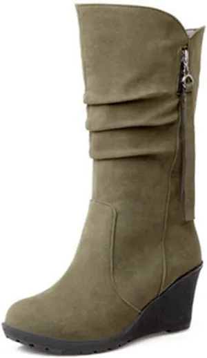 MIOKE Women's Wedge Slouch Mid Calf Boots Suede Round Toe Wide Width Platform High Heel Tassel Dress Boots