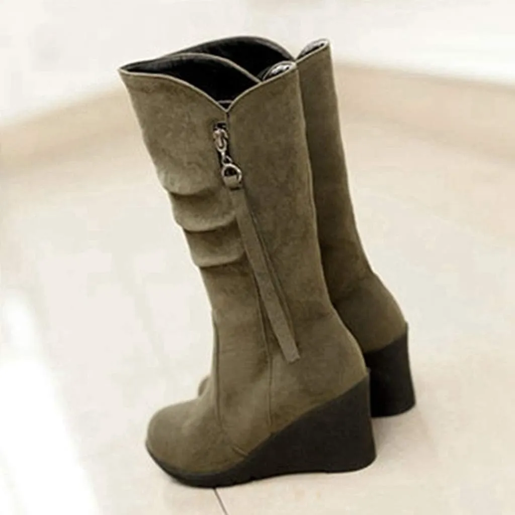 MIOKE Women's Wedge Slouch Mid Calf Boots Suede Round Toe Wide Width Platform High Heel Tassel Dress Boots
