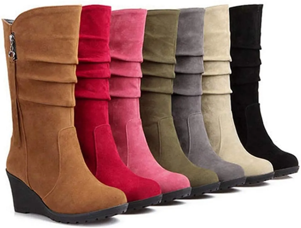 MIOKE Women's Wedge Slouch Mid Calf Boots Suede Round Toe Wide Width Platform High Heel Tassel Dress Boots