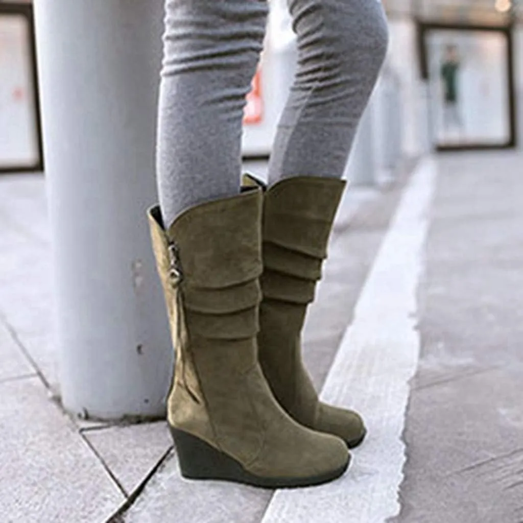 MIOKE Women's Wedge Slouch Mid Calf Boots Suede Round Toe Wide Width Platform High Heel Tassel Dress Boots
