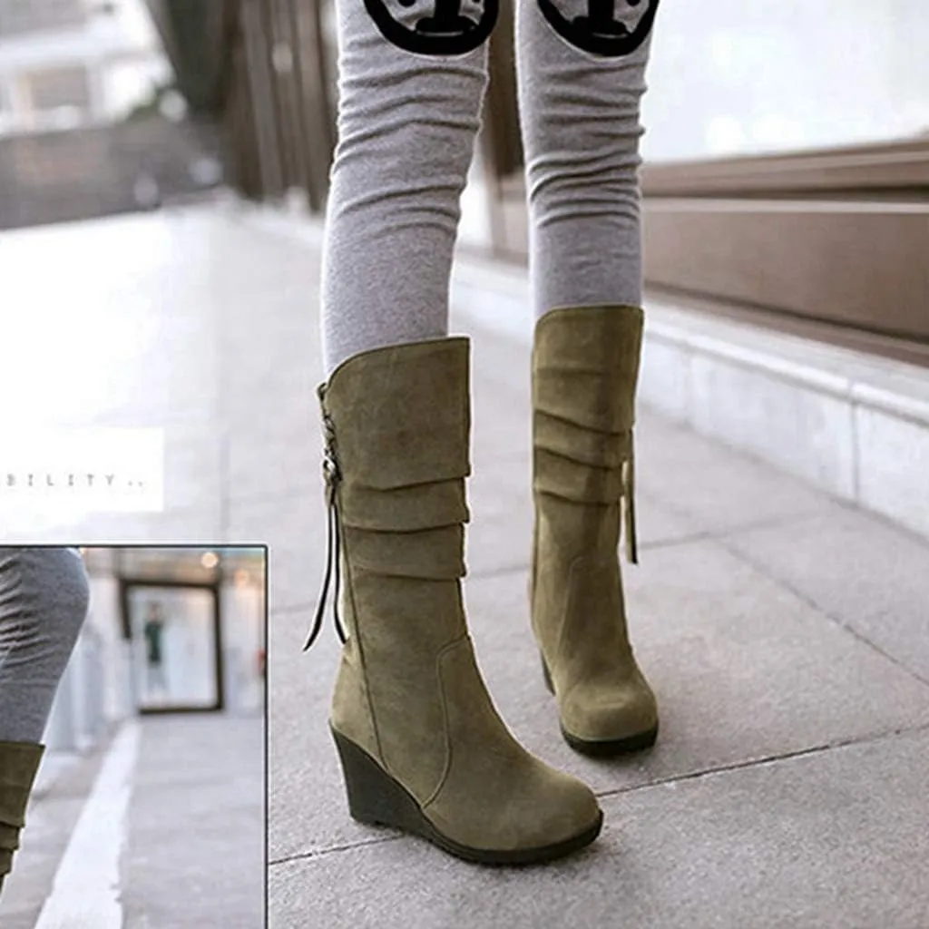 MIOKE Women's Wedge Slouch Mid Calf Boots Suede Round Toe Wide Width Platform High Heel Tassel Dress Boots