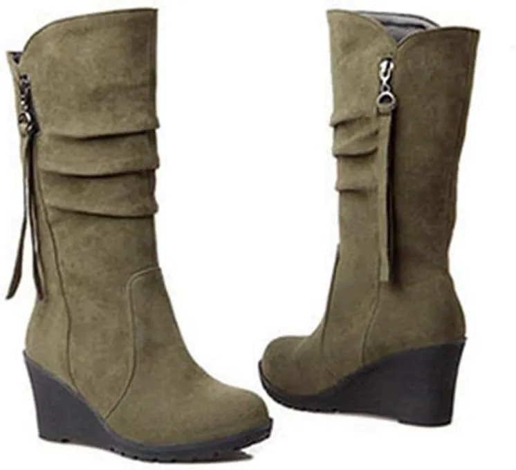 MIOKE Women's Wedge Slouch Mid Calf Boots Suede Round Toe Wide Width Platform High Heel Tassel Dress Boots